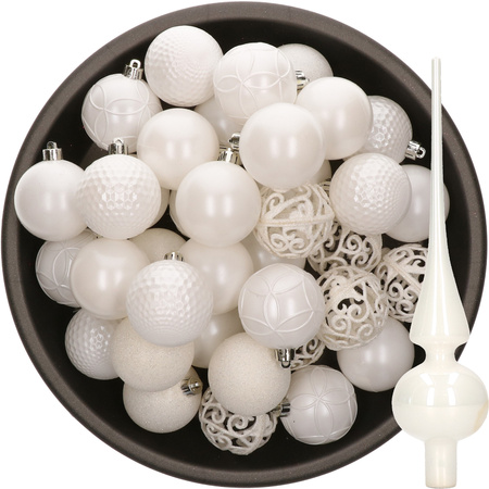 37x pcs plastic christmas baubles 6 cm and glass topper white