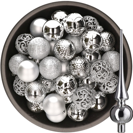 37x pcs plastic christmas baubles 6 cm and glass topper silver