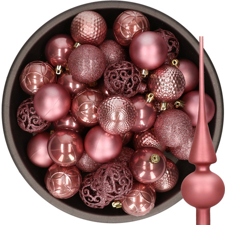 37x stuks kunststof kerstballen 6 cm incl. glazen piek mat oudroze