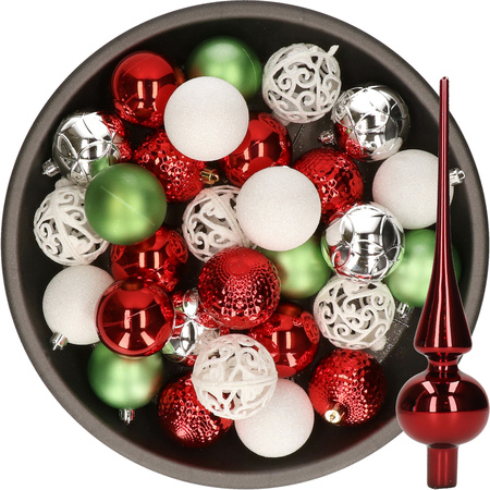 37x pcs plastic christmas baubles 6 cm and glass topper white-red-silver-green