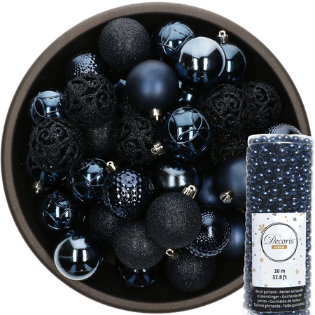 Plastic christmas baubles 6 cm incl. bead garland dark blue