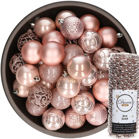 Plastic christmas baubles 6 cm incl. bead garland light pink