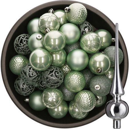 37x pcs plastic christmas baubles 6 cm mint green and glass topper silver