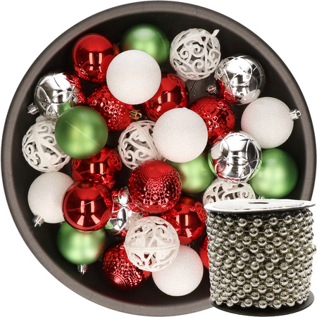 37x stuks kunststof kerstballen 6 cm wit/rood/groen/zilver incl. kralenslinger