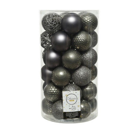 74x stuks kunststof kerstballen mix zwart en antraciet grijs 6 cm