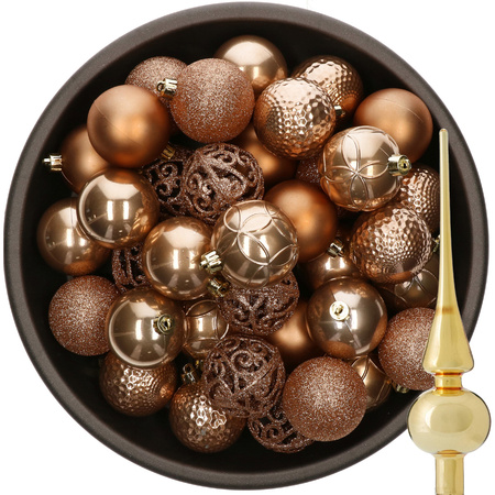 37x stuks kunststof kerstballen camel bruin 6 cm incl. glazen piek goud