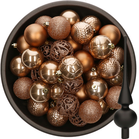 37x stuks kunststof kerstballen camel bruin 6 cm incl. glazen piek zwart