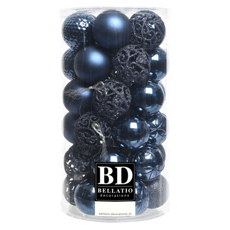 37x pcs plastic christmas baubles dark blue 6 cm including hooks