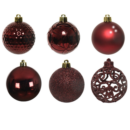 43x stuks kunststof kerstballen en dennenappel ornamenten donkerrood
