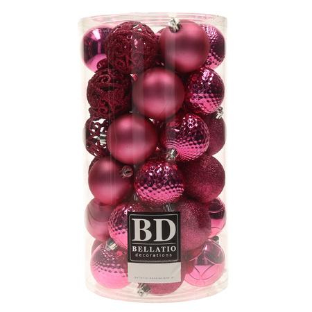 74x pcs plastic christmas baubles black and fuchsia pink 6 cm