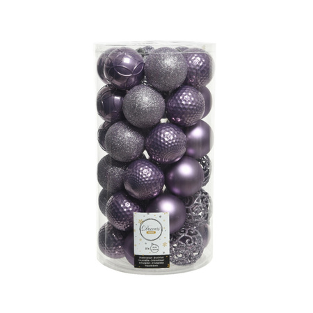 Kunststof kerstballen 74x stuks wol wit en lila paars 6 cm
