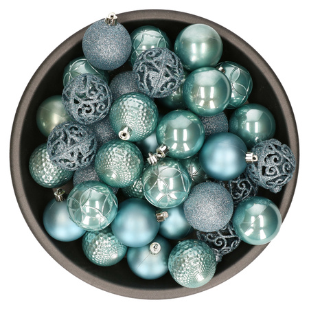 37x stuks kunststof kerstballen ijsblauw (arctic blue) 6 cm glans/mat/glitter mix