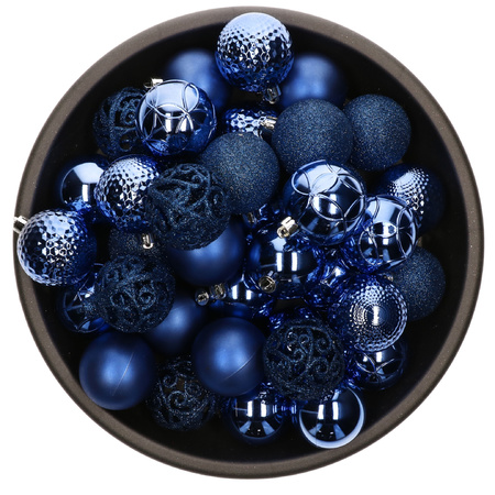 Plastic christmas baubles 6 cm cobalt blue incl. bead garland silver