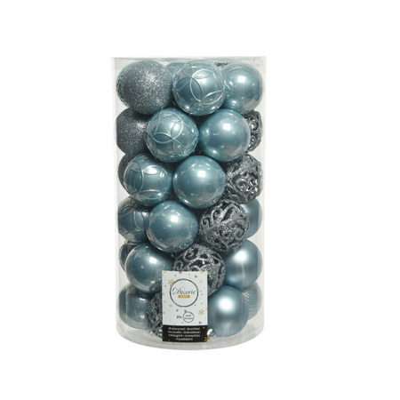 Kunststof kerstballen 74x stuks wol wit en lichtblauw 6 cm