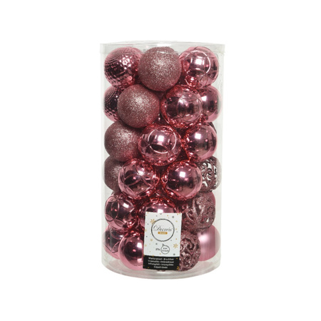 Kunststof kerstballen 74x stuks wol wit en roze 6 cm