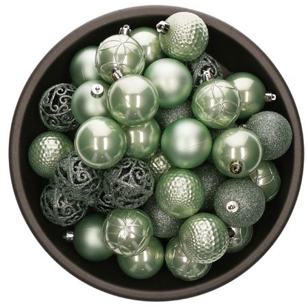 37x pcs plastic christmas baubles mint green (eucalyptus) 6 cm shiny/matte/glitter mix