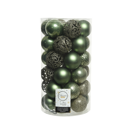 Kunststof kerstballen 74x stuks wol wit en mos groen 6 cm