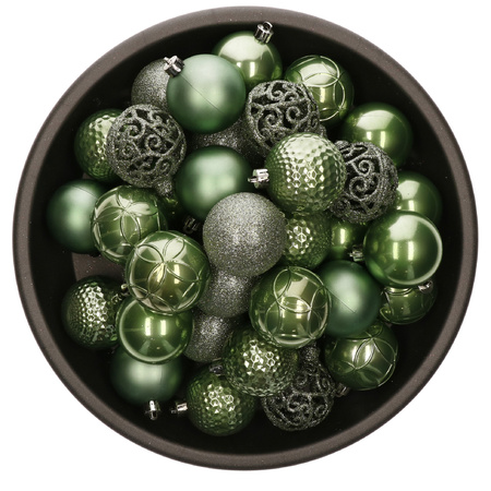 37x stuks kunststof kerstballen salie groen 6 cm glans/mat/glitter mix