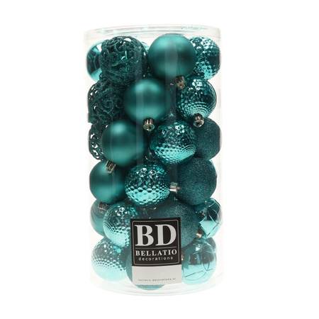 74x stuks kunststof kerstballen mix van lichtroze en turquoise blauw 6 cm