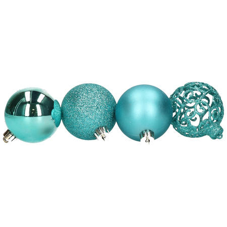 37x stuks kunststof kerstballen turquoise blauw 6 cm inclusief kerstbalhaakjes