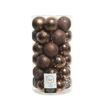 37x pcs plastic christmas baubles walnut brown 6 cm shiny/matte/glitter mix