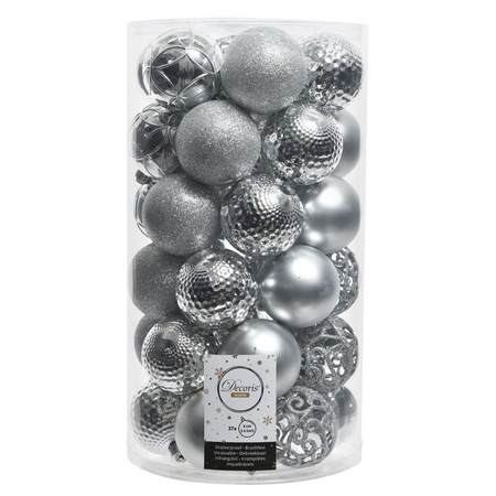 Kerstballen - 74x st - zilver en ijsblauw - 6 cm - kunststof