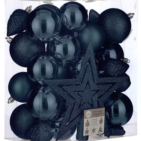 39x stuks kunststof kerstballen en kerstornamenten met ster piek donkerblauw mix
