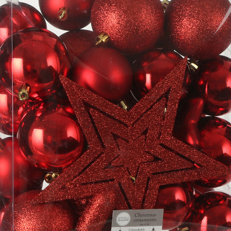 39x stuks kunststof kerstballen en kerstornamenten met ster piek rood mix