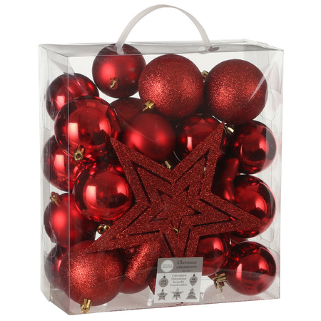39x stuks kunststof kerstballen en kerstornamenten met ster piek rood mix