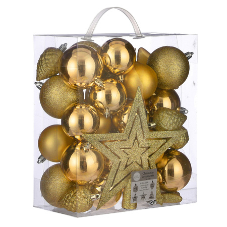 39x stuks kunststof kerstballen en kerstornamenten met ster piek warm goud mix