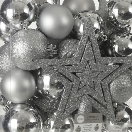 39x stuks kunststof kerstballen en kerstornamenten met ster piek zilver mix