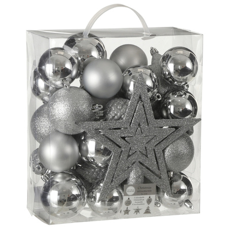 39x pcs plastic christmas baubles/ornaments with star tree topper silver including christmas hooks