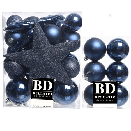 39x stuks kunststof kerstballen met ster piek donkerblauw mix