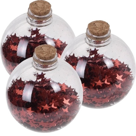 3x Bottle Christmas baubles red stars 8 cm plastic