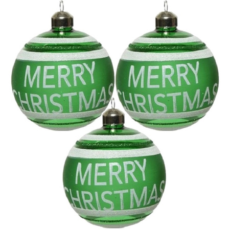 3x Glas baubles green Merry Christmas 8 cm