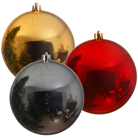 3x Large Christmas baubles red gold and silver 25 cm shiny plastic