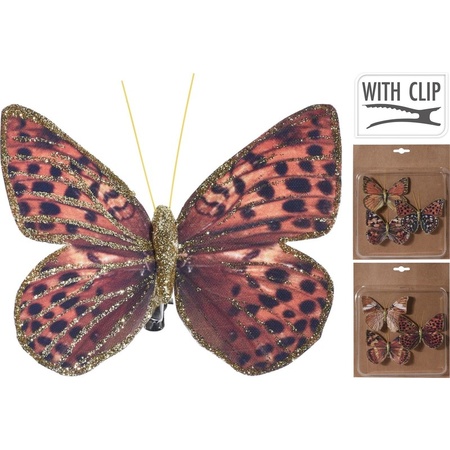 3x Kerstboomversiering vlinders op clip rood/bruin/goud 10 cm