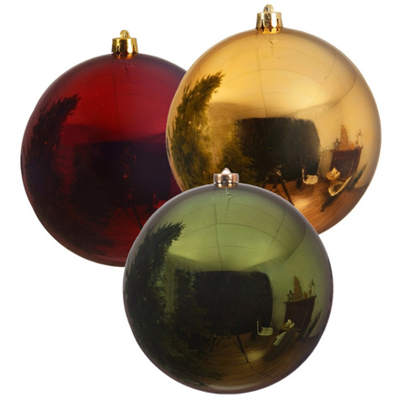 3x pieces large christmas baubles plastic 20 cm green gold and red