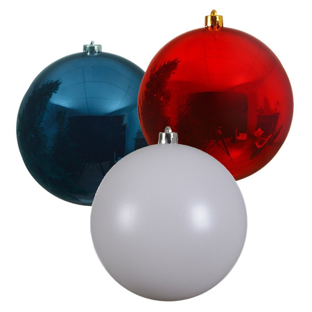 3x pieces large christmas baubles plastic 20 cm red blue and white