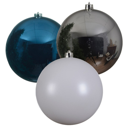3x stuks grote kerstballen van 20 cm glans van kunststof zilver blauw en wit