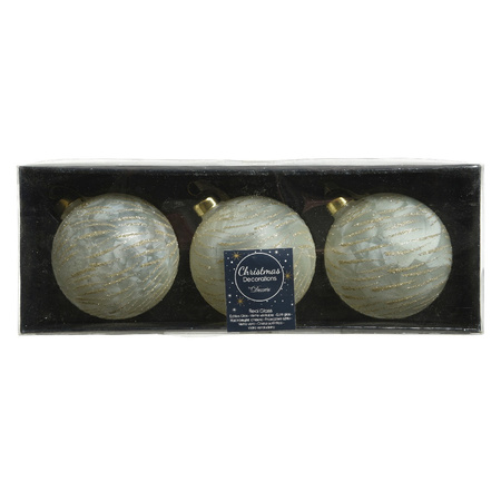 3x Luxury glass christmas baubles brass white with gold 8 cm