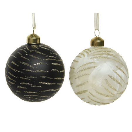 6x stuks luxe glazen kerstballen brass zwart en wit 8 cm