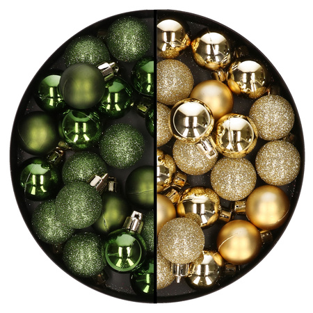 40x pcs small plastic christmas baubles green and gold 3 cm