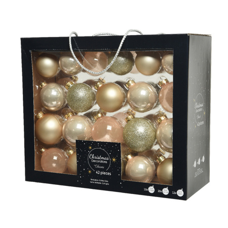 Kerstballen - 42x st - 5, 6, 7 cm - met matte piek - champagne - glas - kerstversiering