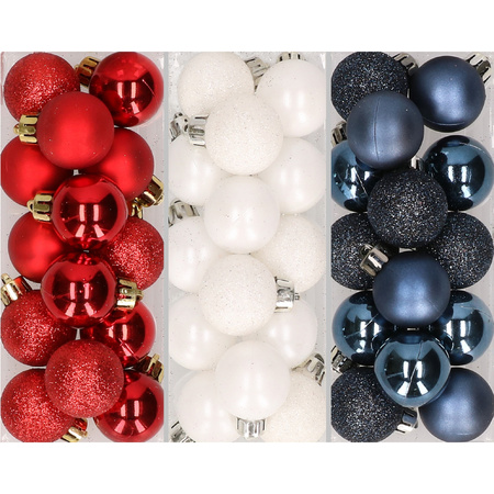 42x pcs mini plastic christmas baubles mix of red, white and blue