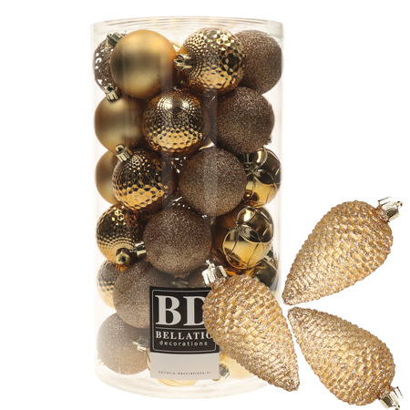 43x stuks kunststof kerstballen en dennenappel ornamenten goud