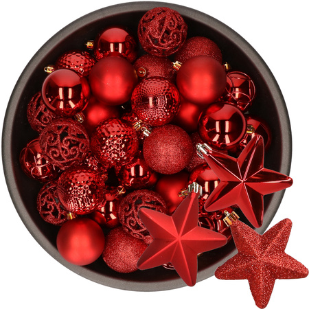 43x pcs plastic christmas baubles and stars ornaments red