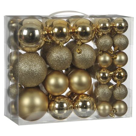 76x stuks kunststof kerstballen goud en bruin 4, 6 en 8 cm
