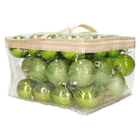 48x stuks kunststof kerstballen appel groen 6 cm in opbergtas/opbergbox
