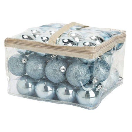 48x stuks kunststof kerstballen ijsblauw 6 cm in opbergtas/opbergbox